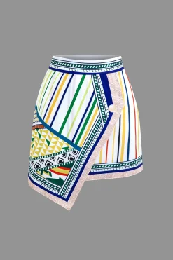 MICAS Skirt Sets-Paris Print Tie Front Crop Top And Geometric Skirt Set WHITE