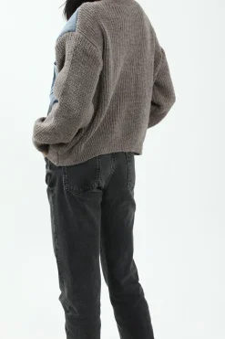 MICAS Outerwear|Knitwear-Patchwork Denim Knit Color Block Button Asymmetrical Pocket Cardigan