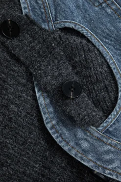 MICAS Outerwear|Knitwear-Patchwork Denim Knit Color Block Button Asymmetrical Pocket Cardigan