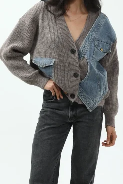 MICAS Outerwear|Knitwear-Patchwork Denim Knit Color Block Button Asymmetrical Pocket Cardigan