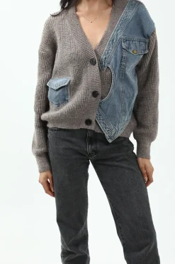 MICAS Outerwear|Knitwear-Patchwork Denim Knit Color Block Button Asymmetrical Pocket Cardigan
