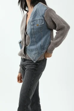 MICAS Outerwear|Knitwear-Patchwork Denim Knit Color Block Button Asymmetrical Pocket Cardigan
