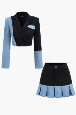 MICAS Blazers|Skirt Sets-Patchwork Denim Notched Lapel Blazer And Skirt Set BLACK