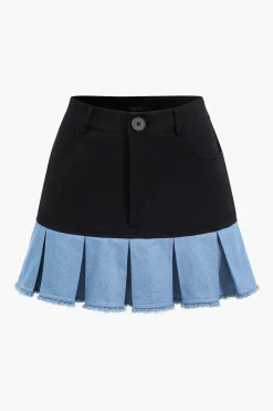 MICAS Blazers|Skirt Sets-Patchwork Denim Notched Lapel Blazer And Skirt Set BLACK