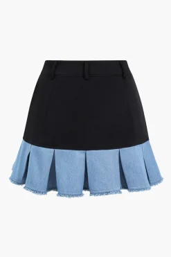 MICAS Blazers|Skirt Sets-Patchwork Denim Notched Lapel Blazer And Skirt Set BLACK