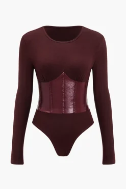 MICAS Bodysuits-Patchwork Faux Leather Long Sleeve Bodysuit BURGUNDY