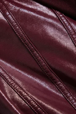 MICAS Bodysuits-Patchwork Faux Leather Long Sleeve Bodysuit BURGUNDY