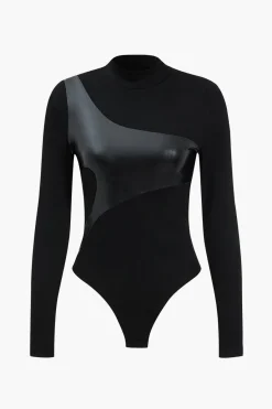 MICAS Bodysuits-Patchwork Faux Leather Long Sleeve Bodysuit BLACK