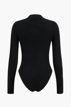 MICAS Bodysuits-Patchwork Faux Leather Long Sleeve Bodysuit BLACK