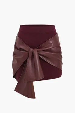 MICAS Skirts-Patchwork Faux Leather Tie Front Mini Skirt