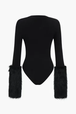 MICAS Bodysuits-Patchwork Fur Long Sleeve Bodysuit