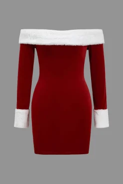 MICAS Long Sleeve Dresses|Mini Dresses-Patchwork Fur Off Shoulder Long Sleeve Mini Dress RED
