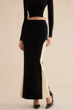 MICAS Knit Bottoms|Skirts-Patchwork Knit Maxi Skirt BLACK