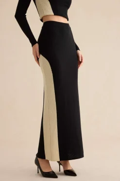 MICAS Knit Bottoms|Skirts-Patchwork Knit Maxi Skirt BLACK