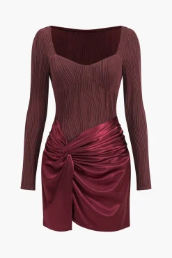 MICAS Long Sleeve Dresses|Mini Dresses-Patchwork Knot Ruched Mini Dress BURGUNDY
