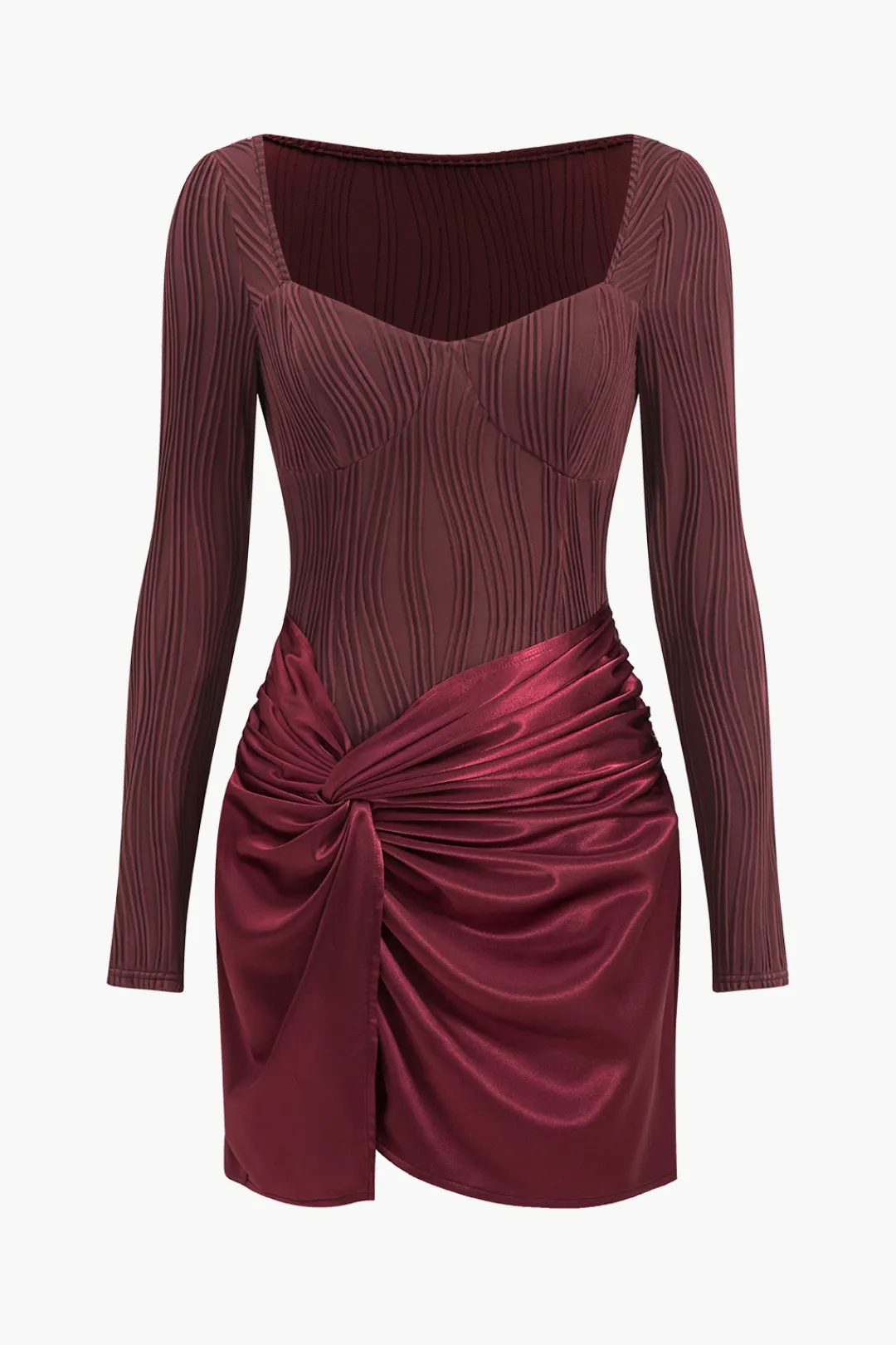 MICAS Long Sleeve Dresses|Mini Dresses-Patchwork Knot Ruched Mini Dress BURGUNDY