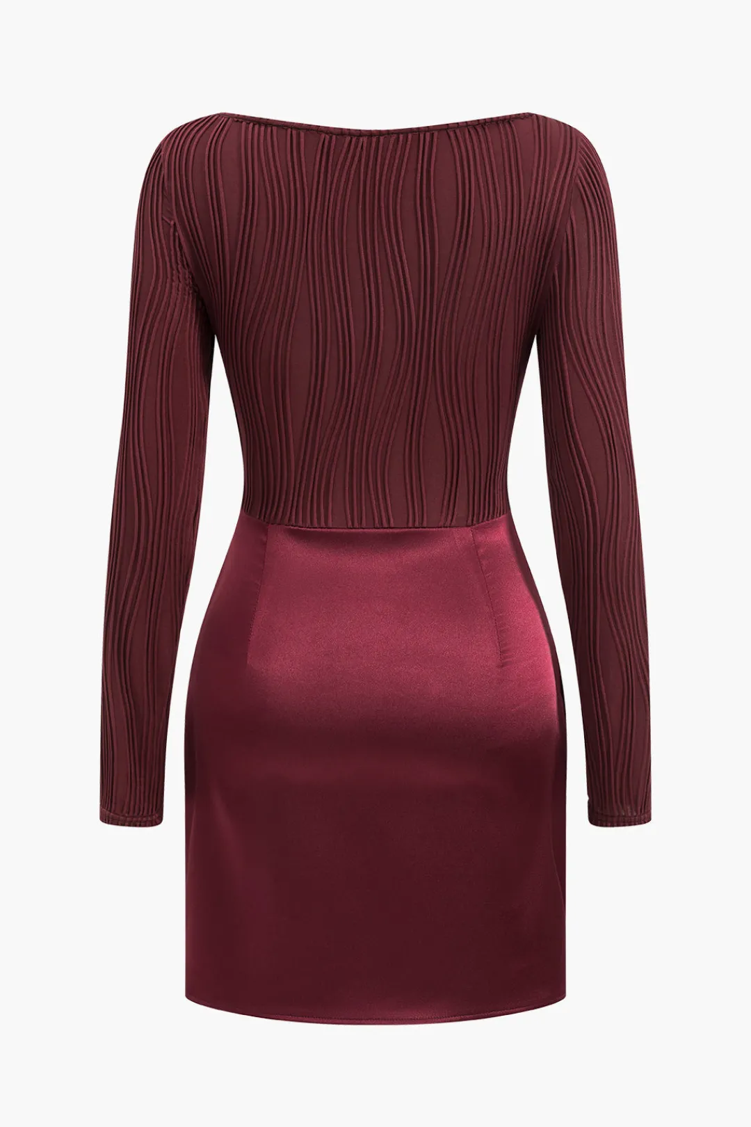 MICAS Long Sleeve Dresses|Mini Dresses-Patchwork Knot Ruched Mini Dress BURGUNDY