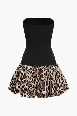 MICAS Mini Dresses-Patchwork Leopard Print Puffy Strapless Mini Dress Contrast Color