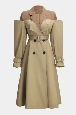 MICAS Outerwear|Outerwear-Patchwork Long Sleeve Belted Coat KHAKI