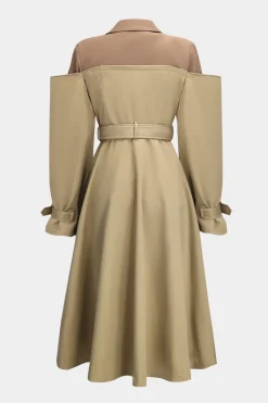 MICAS Outerwear|Outerwear-Patchwork Long Sleeve Belted Coat KHAKI