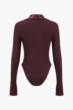 MICAS Bodysuits-Patchwork Long Sleeve Faux Leather Bodysuit BURGUNDY