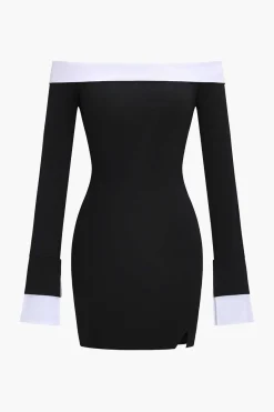 MICAS Mini Dresses|Long Sleeve Dresses-Patchwork Long Sleeve Off Shoulder Mini Dress BLACK