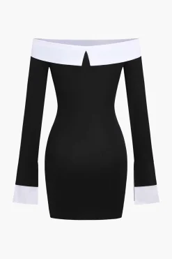 MICAS Mini Dresses|Long Sleeve Dresses-Patchwork Long Sleeve Off Shoulder Mini Dress BLACK