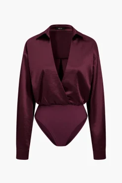 MICAS Bodysuits-Patchwork Long Sleeve Satin Bodysuit