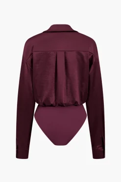 MICAS Bodysuits-Patchwork Long Sleeve Satin Bodysuit