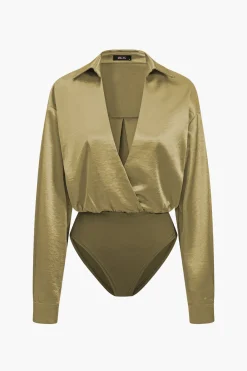 MICAS Bodysuits-Patchwork Long Sleeve Satin Bodysuit