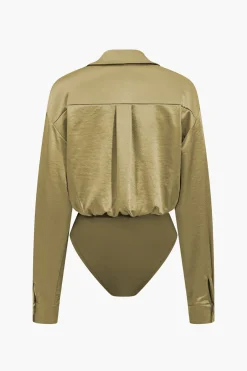 MICAS Bodysuits-Patchwork Long Sleeve Satin Bodysuit