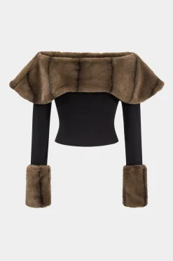 MICAS Long Sleeve Tops|Long Sleeves Tops-Patchwork Off Shoulder Long-Sleeve Top