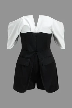 MICAS Jumpsuits & Rompers-Patchwork Off Shoulder V-Shaped Romper BLACK