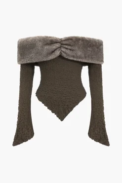 MICAS Long Sleeve Tops|Long Sleeves Tops-Patchwork Off-Shoulder Long-Sleeve Top BROWN