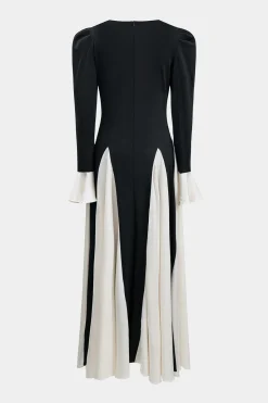 MICAS Long Sleeve Dresses|Maxi Dresses-Patchwork Pleated Long Sleeve Maxi Dress BLACK