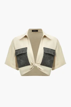 MICAS Blouses & Shirts-Patchwork Pocket Twist Short-Sleeve Shirt BEIGE