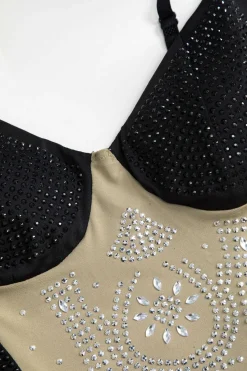 MICAS Mini Dresses-Patchwork Rhinestone Spaghetti Strap Sleeveless Mini Dress Contrast Color