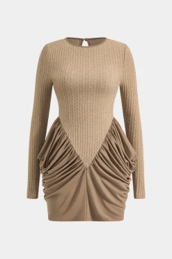 MICAS Long Sleeve Dresses|Mini Dresses-Patchwork Ruched Round Neck Long Sleeve Mini Dress TAN