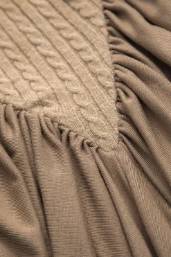 MICAS Long Sleeve Dresses|Mini Dresses-Patchwork Ruched Round Neck Long Sleeve Mini Dress TAN