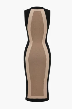 MICAS Knitwear|Knit Dresses-Patchwork Sleeveless Knit Dress TAN