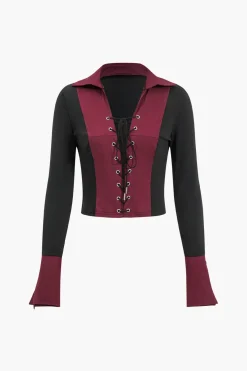 MICAS Skirt Sets-Patchwork Tie Up Top And Puff Skirt Set BURGUNDY