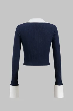 MICAS Long Sleeve Tops|Long Sleeves Tops-Patchwork V-Neck Long-Sleeve Shirt DARK BLUE
