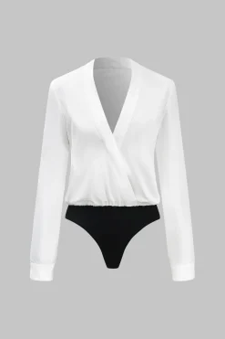 MICAS Bodysuits-Patchwork V-Neck Long Sleeve Bodysuit WHITE