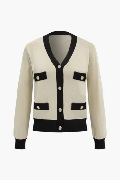 MICAS Knitwear|Knit Sets-Patchwork V-Neck Sweater Cardigan And Pants Set