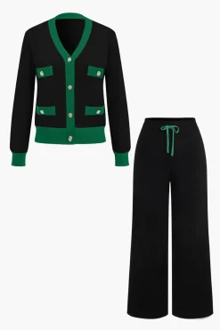 MICAS Knitwear|Knit Sets-Patchwork V-Neck Sweater Cardigan And Pants Set