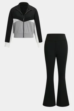 MICAS Pant Sets-Patchwork Zipper Jacket And Flared Leg Trousers Set BLACK