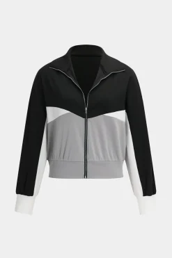 MICAS Pant Sets-Patchwork Zipper Jacket And Flared Leg Trousers Set BLACK