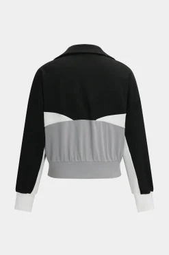 MICAS Pant Sets-Patchwork Zipper Jacket And Flared Leg Trousers Set BLACK