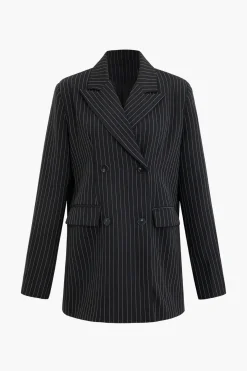 MICAS Outerwear|Outerwear-Pinstripe Print Notched Lapel Blazer BLACK