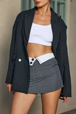 MICAS Outerwear|Outerwear-Pinstripe Print Notched Lapel Blazer BLACK